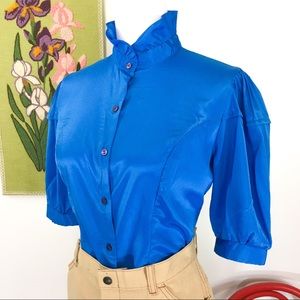Vintage 70's Blue Ruffle Polyester Top